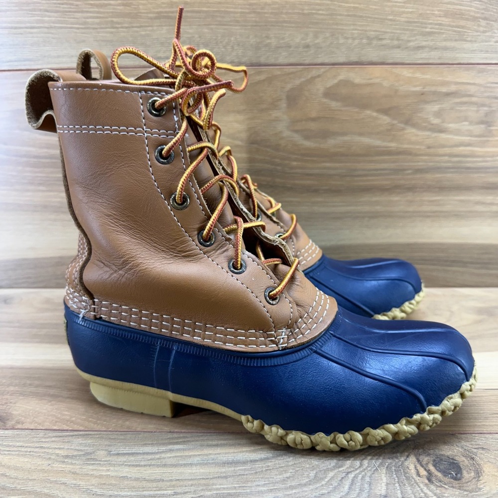 LL Bean Boots Duck Boots Womens 6 N Blue Tan Leather Waterproof Lace Up